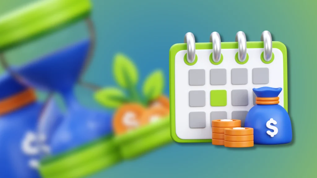 Grüner Kalender mit blauem Geldsack und Münzen davor